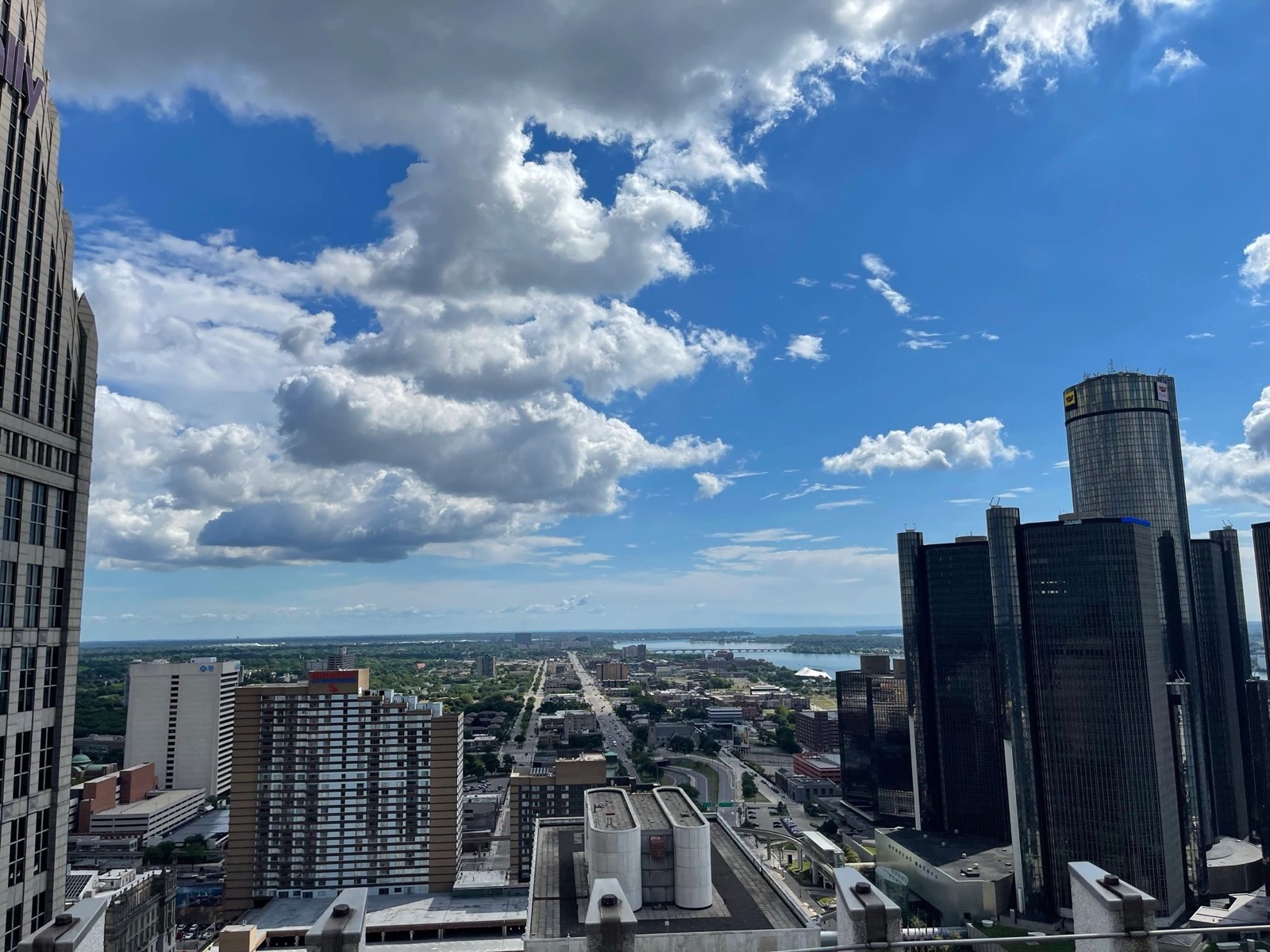 Detroit skyline seen from above on a clear day